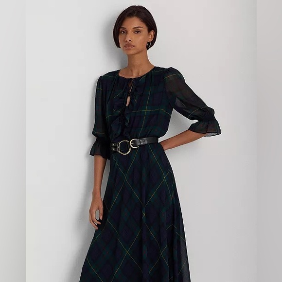 Ralph Lauren Plaid Crinkle Georgette Dress. Size 2 - Picture 4 of 9